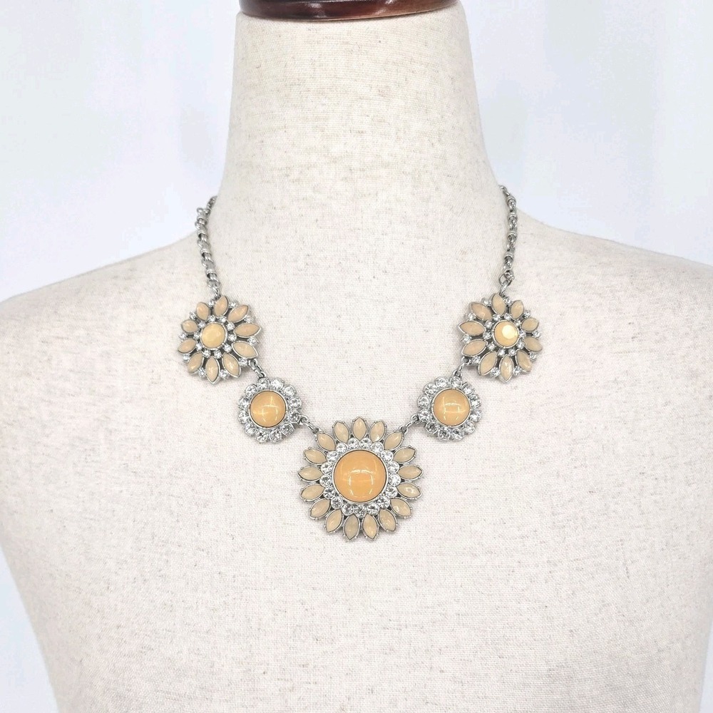 Lia Sophia Christina's Joy Peach Resin Yellow Crystal Flower Necklace 21" Silver